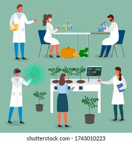 Set of cartoon characters. Laboratory workers exploring new methods of plant breeding and agricultural genetic of vegetables. Growing eco plants from tubes. Virtual reality, modern technologies