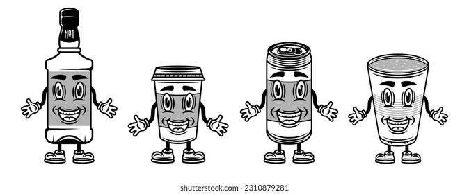 Conjunto de caricaturas de recipientes líquidos. Botella de whisky, taza de café, lata de cerveza, taza de plástico. Ilustración de vectores en estilo monocromo aislado en blanco