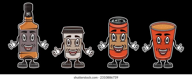 Conjunto de caricaturas de recipientes líquidos. Botella de whisky, taza de café, lata de cerveza, taza de plástico. Ilustración vectorial en estilo colorido sobre fondo oscuro