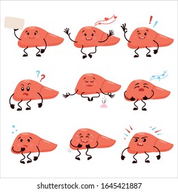 Set of cartoon characters liver. Collection of Cute human internal organ with different emotions, caricature, animation. Vector illustration
