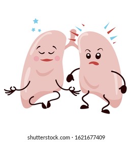 Set of cartoon characters lungs. Collection of Cute human internal organ with different emotions, caricature, animation. Vector illustration