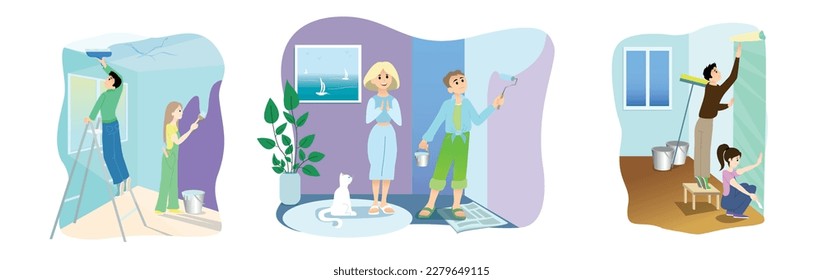 Set of cartoon characters making home repair together. Process of apartment renovation. Redecorating house interior with family. House renovation and repairing. Vector
