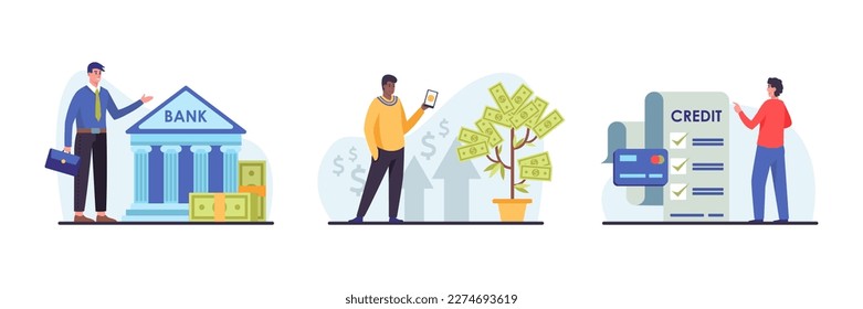 Conjunto de personajes de dibujos animados haciendo inversiones en ahorros de dinero. Servicios bancarios modernos y transacciones digitales. Gestión segura de las finanzas. Proceso de desembolso de préstamos. Vector
