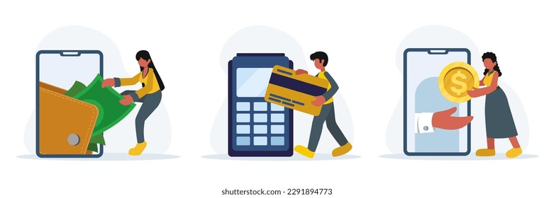 Set of cartoon characters making online bank transactions. Process of replenishment of credit card using smartphone. Modern banking services. Process of finance management. Vector