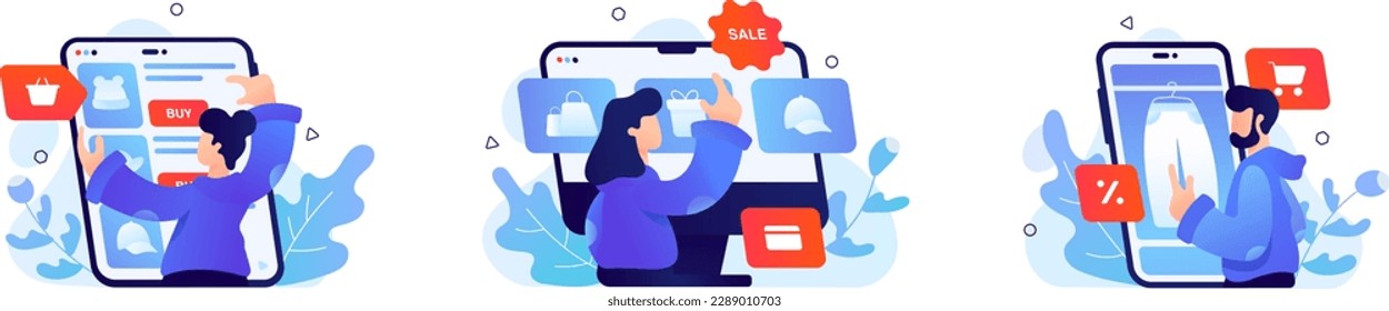 Set of cartoon characters making purchases over Internet. Doing online shopping from home. Process of choosing goods online. Age of digital environment. Vector