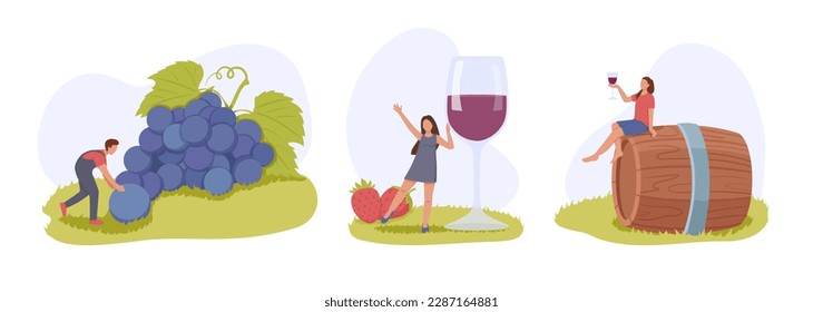 Set of cartoon characters making wine from organic grapes. Young people dealing with winemaking process. Group of people making alcoholic drinks. Vector