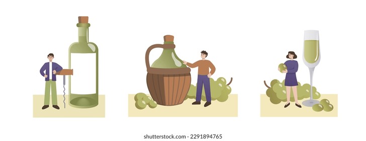 Set of cartoon characters making wine from organic grapes. Young people engaged in winemaking process. Time for making alcoholic drinks. Wine production industry. Vector