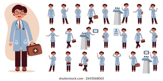 Set of cartoon characters of male doctor, for educational purposes. Doctor characters set for animation. Vector illustration in flat style, isolated on white background. Therapist, family doctor.