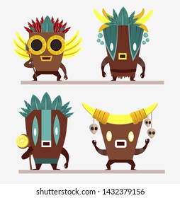 Set of cartoon characters in the mask of the Aztecs. Aztecs with spear, skulls, feathers and staff isolated on white background. All elements are separated.