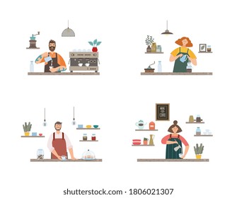Set of cartoon characters of men and women baristas making coffee at bar counter in cozy interior of coffee shop. The concept of small business. Vector flat isolated illustrations