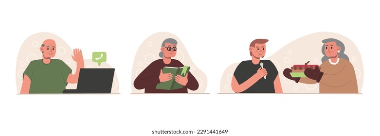 Set of cartoon characters of modern old people doing different activities. Old people having video call, reading book and cooking. Concept of happy retirement. Time for seniors hobbies. Vector