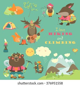 Set of cartoon characters and mountaineering elements