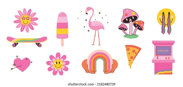 Set cartoon characters   objects in retro style  flamingos  face and rainbow leaking out the eyes  slot machine vintage  skateboarding  funny mushrooms  pizza  heart and arrow 