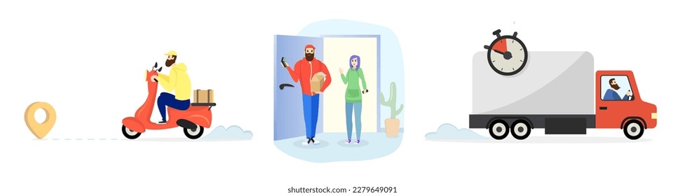 Set of cartoon characters offering city delivery services. Prices of delivering parcels to different locations during pandemic. Regional parcel carriers job. Vector