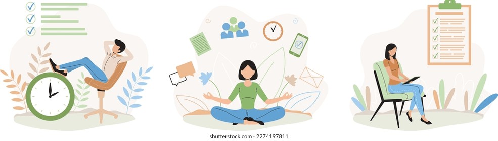 Set of cartoon characters of office workers managing their time. People improving productivity and efficiency when working. Time management strategy. Vector