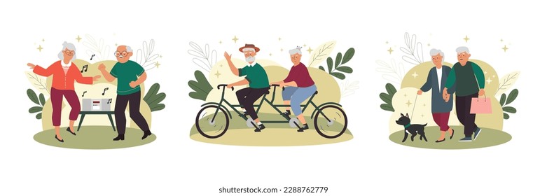 Set of cartoon characters of old people having active lifestyle. Elderly men and women dancing, riding bike and walking dog. Happy old age. Leisure time with pet. Vector