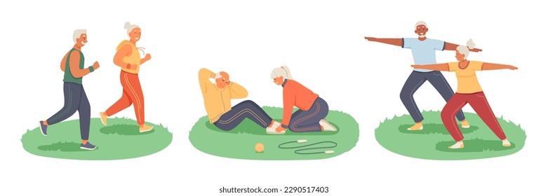 Set of cartoon characters of old people doing sports together. Regular physical activity for seniors. Happy old age. Time for fitness and retirement. Vector