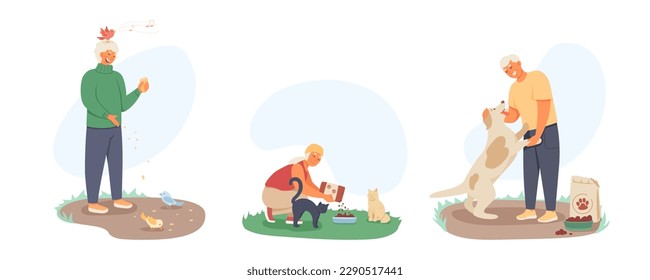 Set of cartoon characters of old people spending time with pets. Active lifestyle for seniors. Time for feeding birds, cats and dogs. Concept of happy retirement. Vector