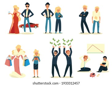 Set cartoon characters on concept of the gap between the rich and the poor, flat vector illustration isolated on white background. Poverty and financial gap in society.