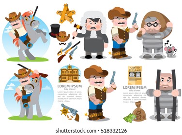 Set with cartoon characters on the theme of the Wild West. Sheriff, judge and prisoner. Men in suits of 19 centuries.