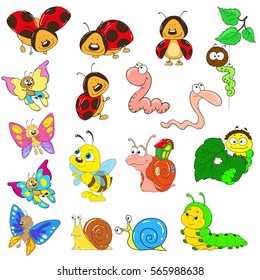 Set of cartoon characters on a white background. Insects vector. Snail, caterpillar, worm, beetle, ladybug, bee.