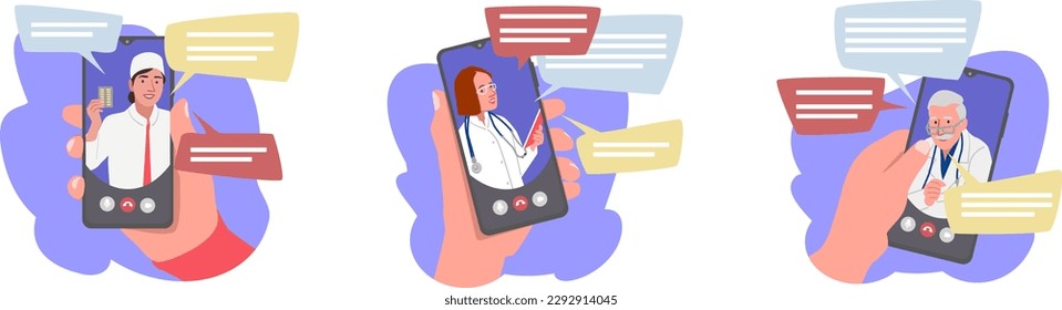 Set of cartoon characters of online doctors providing remote medical consultations via Internet. Time for online treatment and checkup. Remote meeting with therapist. Vector