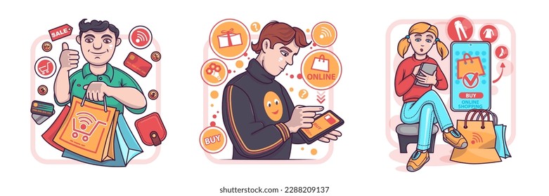 Set of cartoon characters of online shoppers ordering goods in funny style. Products purchase and delivery. People buying over Internet. Modern technology and lifestyle. Vector