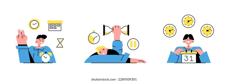 Set of cartoon characters organizing and managing their time. Young people planning time when doing different tasks. Process of managing schedule. Vector