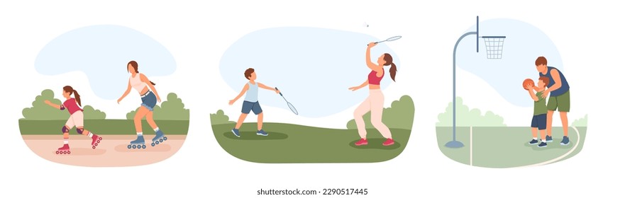 Set of cartoon characters of parents and their kids doing sports together. Active and healthy lifestyle. Time for playing games with kids outdoors. Vector