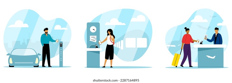 Set of cartoon characters paying for services using smartphones. Process of cashless payment for parking, tickets. Modern secure banking services. Vector
