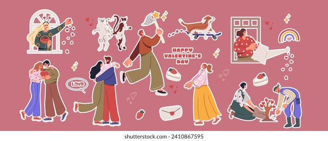 Set of cartoon characters people sharing love, celebrate valentine's day. Love couple hugging. Collection of love symbol and romantic elements Vector flat illustration	