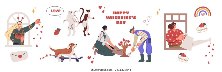 Set of cartoon characters people sharing love, celebrate valentine's day. Love couple hugging. Collection of love symbol and romantic elements Vector flat illustration	