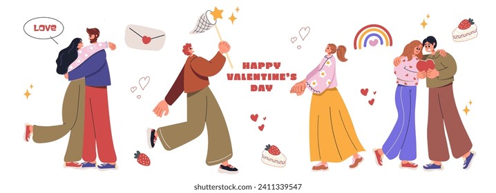 Set of cartoon characters people sharing love, celebrate valentine's day. Love couple hugging. Collection of love symbol and romantic elements Vector flat illustration	