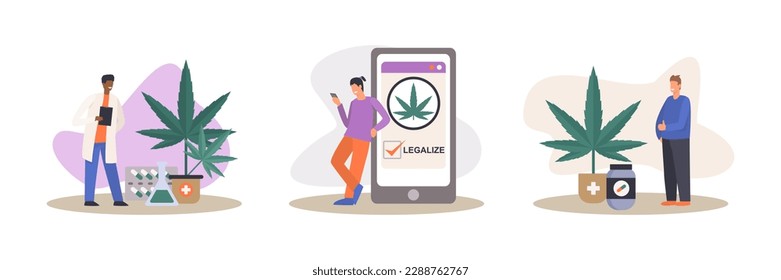 Set of cartoon characters of people supporting legality of cannabis for medical and recreational use. Marijuana products cultivation and distribution. Vector