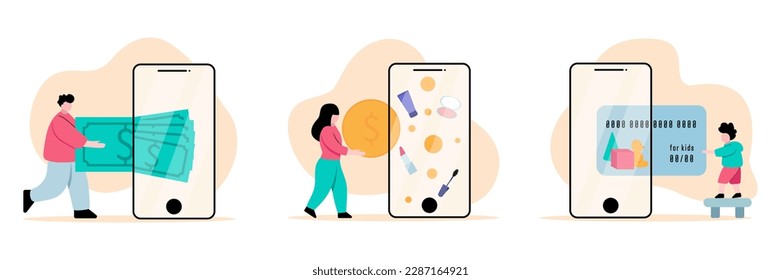 Set von Cartoon-Figuren von Menschen, die bargeldlose Zahlung mit Smartphones. Digitale Banktransaktionen. Sichere Bankdienstleistungen. Online-Shopping-Vorteile. Vektorgrafik