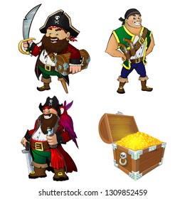A set of cartoon characters pirates and treasure chest