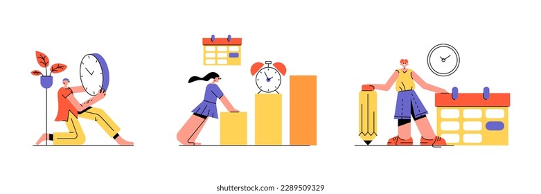 Set of cartoon characters planning their time when working. People doing different tasks and activities. Time management efficiency. Good business process. Vector