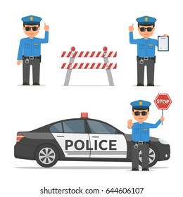 Set of cartoon characters of a police officer. Traffic policeman in different poses. Police car and police roadblock. Vector illustration in flat style.