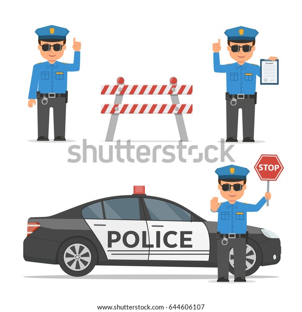 Set of cartoon characters of\
a police officer. Traffic policeman in different poses. Police car\
and police roadblock. Vector illustration in flat\
style.
