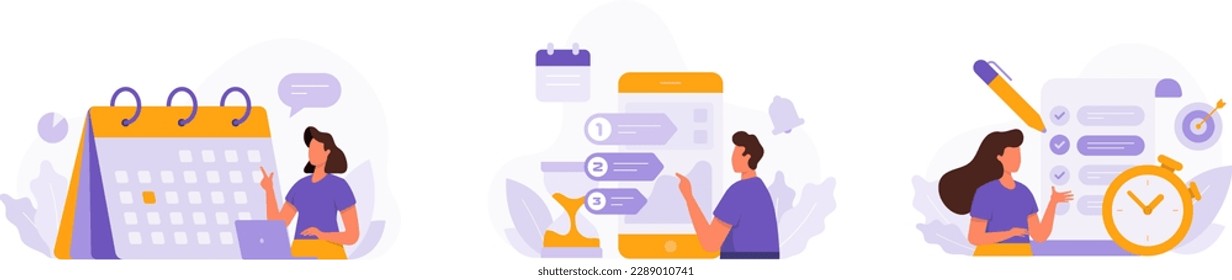 Set of cartoon characters practicing time management efficiency in business. Process of organizing time when working. Good business productivity process. Vector