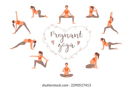 Set of cartoon characters of pregnant woman practicing yoga. Regular physical activity and healthy lifestyle for future mother. Healthy pregnancy and sports. Vector