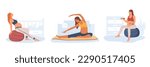 Set of cartoon characters of pregnant women doing exercises. Regular physical activity and healthy lifestyle. Healthy pregnancy and sports. Doing prenatal yoga. Vector
