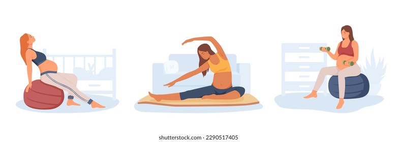 Set of cartoon characters of pregnant women doing exercises. Regular physical activity and healthy lifestyle. Healthy pregnancy and sports. Doing prenatal yoga. Vector