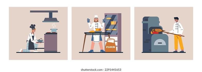 Set of cartoon characters of professional chefs at work. Process of cooking with kitchenware. Commercial food industry. Professional cooking kitchen. Vector