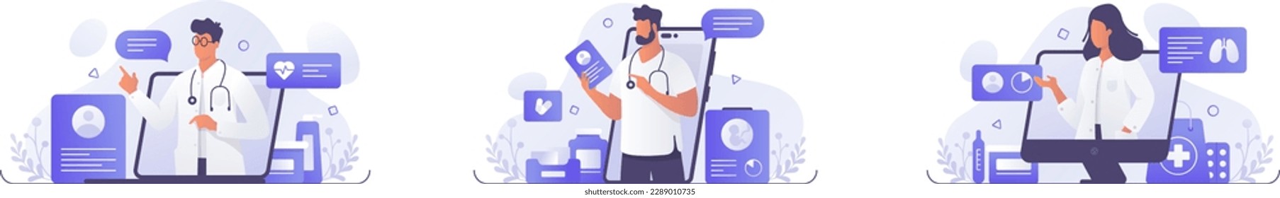 Set of cartoon characters providing modern healthcare services via Internet. Process of giving online consultations to patients. Video call meeting with therapists. Vector