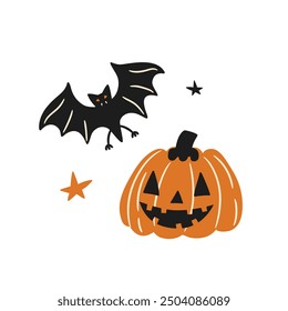 set of cartoon characters pumpkin with grissassa and bat for halloween celebration, flat style illustration