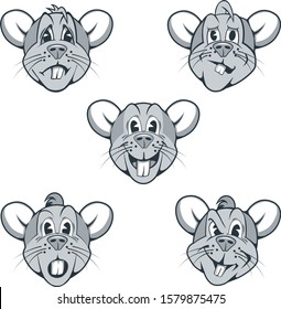 Set Of Cartoon Characters Of Rats With Different Facial Expressions.