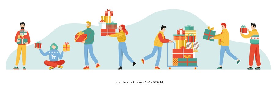 Set of cartoon characters receiving and giving gifts and preparing to celebrate holidays.Happy fun people with Santa's presents isolated on background. Vector colored illustration in flat style. 