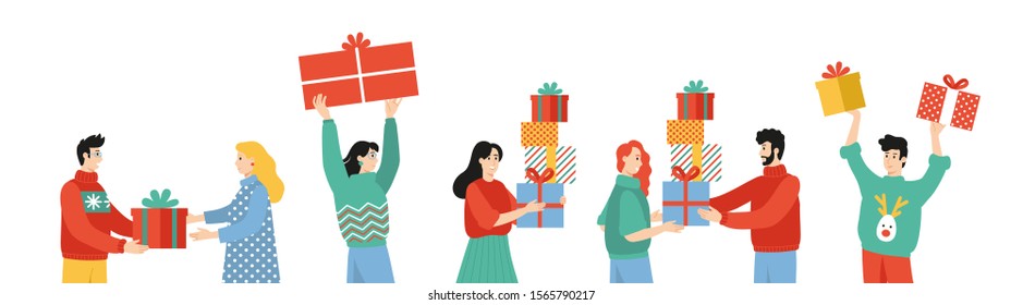 Set Cartoon Characters Receiving Giving Gifts Stock Vector (Royalty Free)  1565790217 | Shutterstock