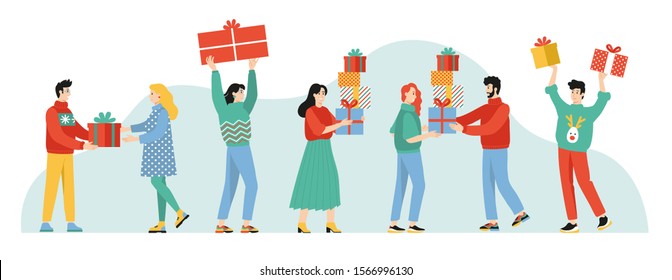 Set Of Cartoon Characters Receiving And Giving Gifts And Preparing To Celebrate Holidays.Happy Fun People With Santa's Presents Isolated On Background. Vector Colored Illustration In Flat Style. 